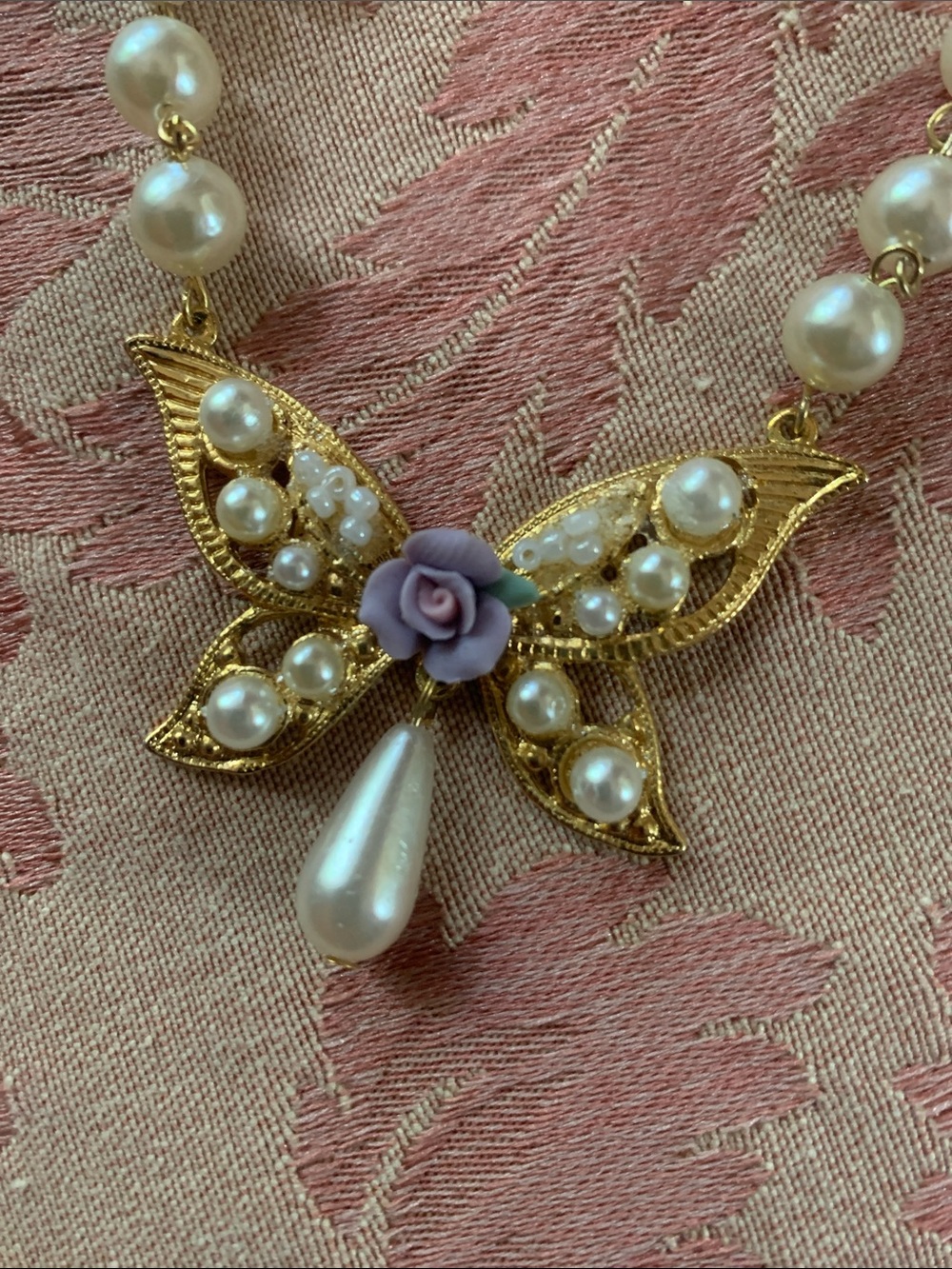 Pearl and Gold Butterfly Pendant Necklace with Lavender Rose Accent